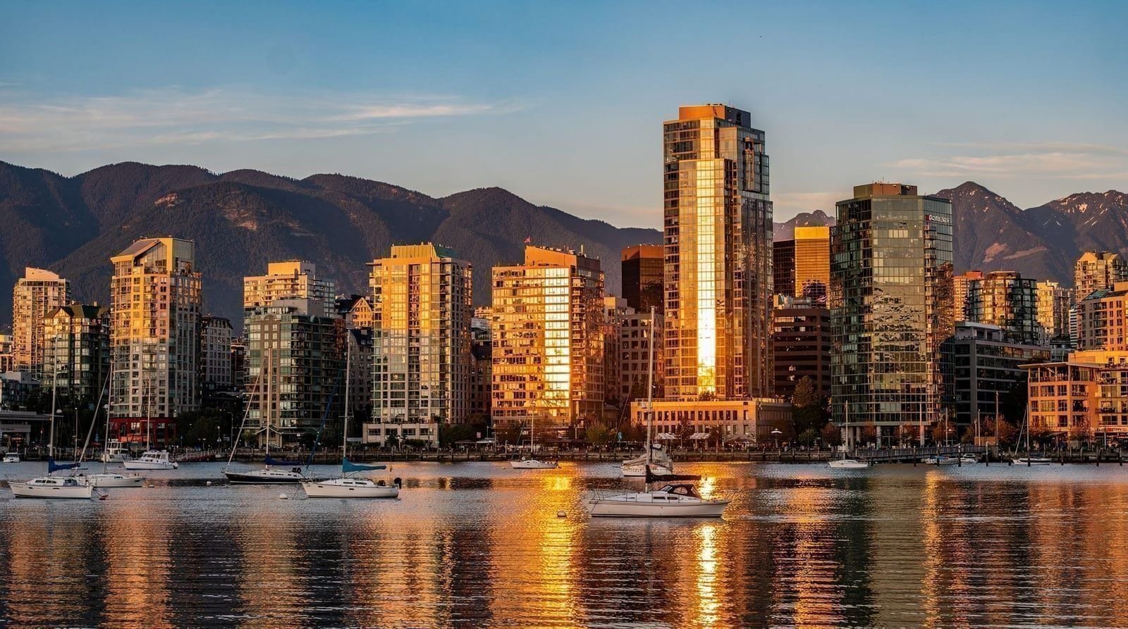Vancouver skyline with the North Shore mountains at golden hour